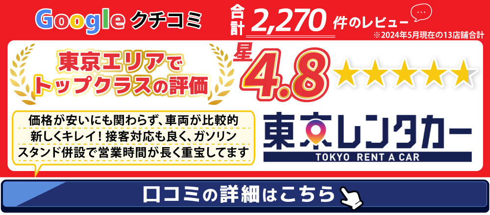 東京レンタカーは、Googleクチコミ合計1、107件のレビューで星4.9と高評価！/東京エリアでトップクラスの評価/価格が安いにも関わらず、車両が比較的キレイ！ガソリンスタンド併設で営業時間が長く重宝してます